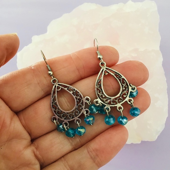 Earrings Tibetan Silver Glass Bead Boho Blue Womens Jewellery NWT - Picture 2 of 3